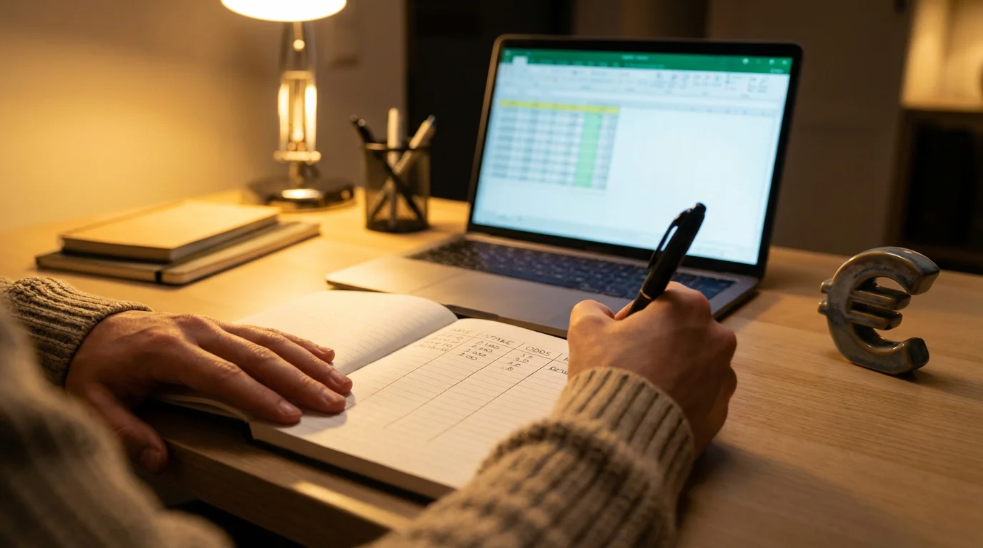 Persona planificando la gestión de su bankroll de apuestas deportivas con un bloc de notas y un bolígrafo