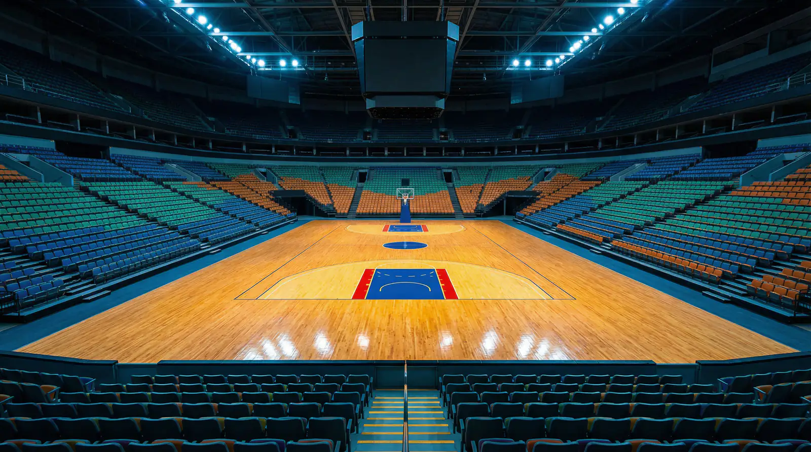 Vista panorámica de un pabellón de baloncesto profesional con jugadores en pista durante un partido de liga
